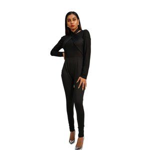 Womens Long Sleeves Wrapped Around Neck Jumpsuit